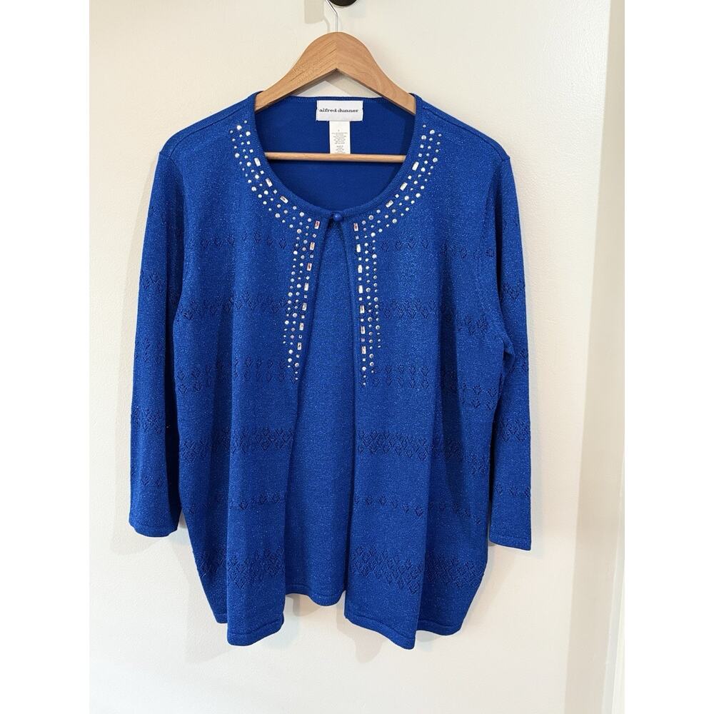 Alfred Dunner Pointelle Mock Layer Embellished Sweater Cobalt Blue Size L
